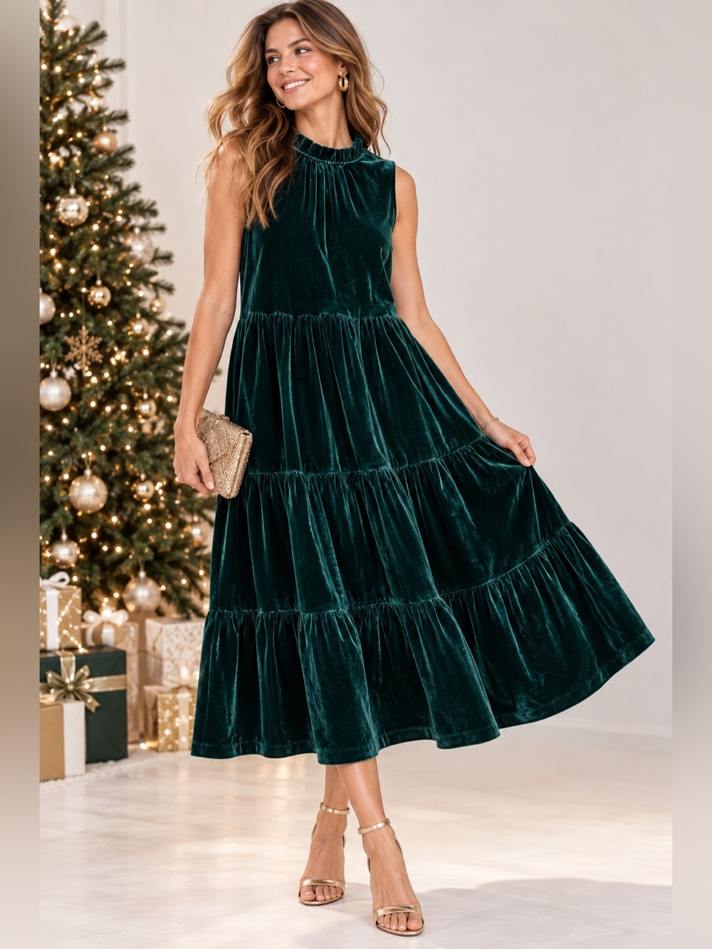 J.Crew 10 Emerald Green Velvet Tiered Dress Ruffle Holiday Party Flowy Festival